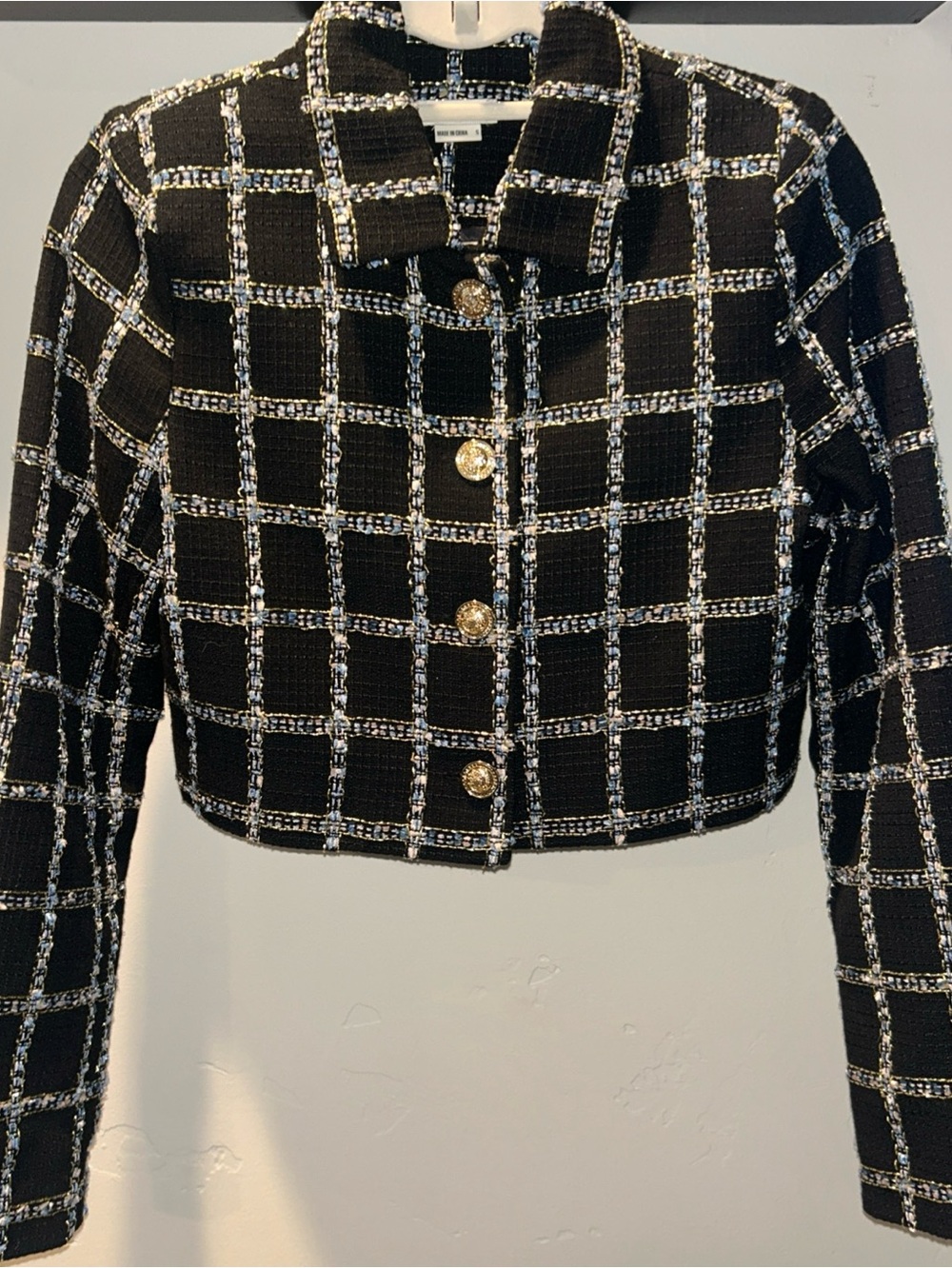 Jason Wu Black Windowpane Tweed Cropped Jacket with Gold Buttons sz Small